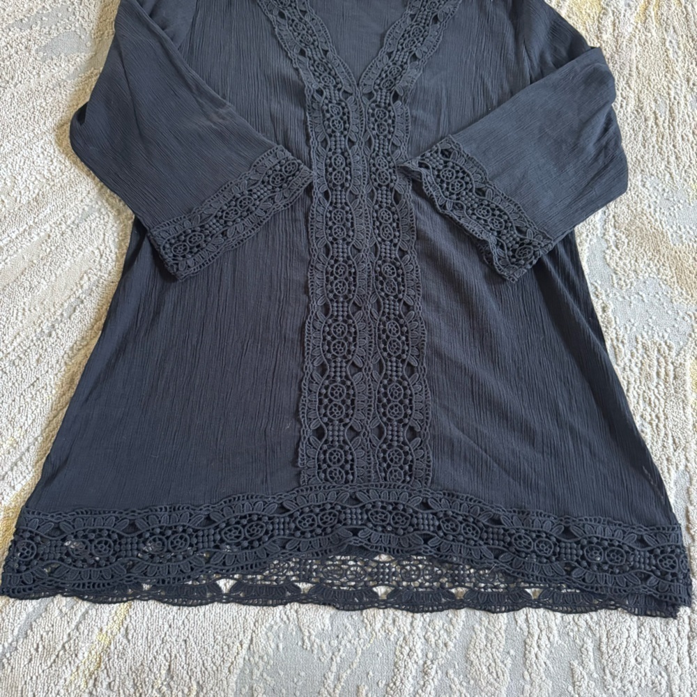 La Blanca black swim coverup Island Fare V-Neck Tunic cotton crochet XL - Picture 7 of 13